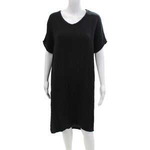 Designer Womens Short Sleeve V-Neck Shift Dress Black 100% Cotton Size S
